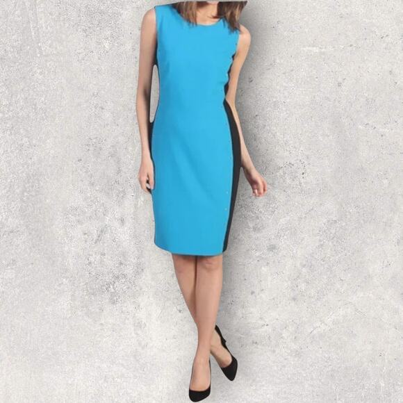 Calvin Klein Women’s 12 Sleek Blue Black Panel Sheath Dress Work Party - Picture 1 of 9